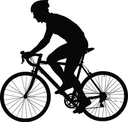 Silhouette cyclist riding bicycle, road bike athlete vector illustration, racing cyclist artwork, sports training concept, outdoor fitness design, transportation motion graphic