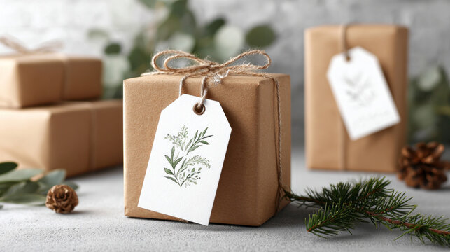 Eco-friendly gift boxes with botanical tags on rustic background for celebration. handmade personalized Christmas gift tags with calligraphy, concept of eco-friendly holiday packaging
