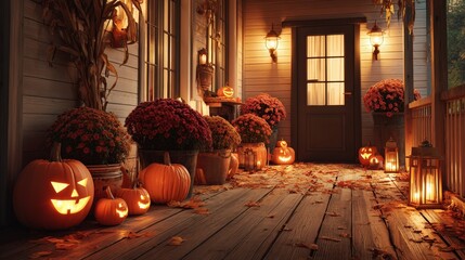 Obraz premium A cozy autumn porch decorated with pumpkins, lanterns, and colorful flowers, capturing the warmth of the Halloween season.