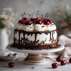 Delicious chocolate cake topped with cherries and whipped cream, perfect for any celebration or dessert lover.