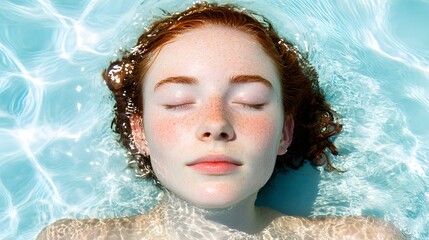 Serene Redhead Woman Floating in Pool Water