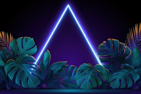 Neon Triangle Frame Amidst Tropical Leaves - Powered by Adobe