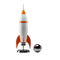 Retro-style rocket ship, glossy white with orange fins, mid-century modern aesthetic, 45-degree angle, with a chrome sphere, isolated on a transparent background, pristine high-quality design concept