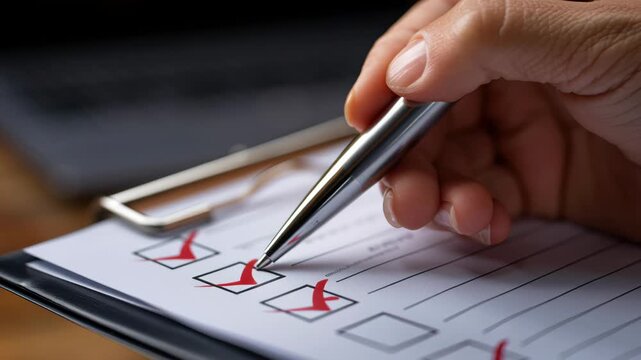 Checklist with red check marks paper sheet held by clipboard and hand holding pen marking box with focus pen tip close up view of task completion