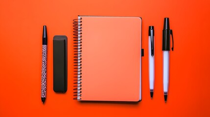 Coral Notebook Pens Stationery Flatlay Orange Background
