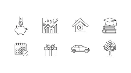 Abstract financial icons representing investment growth savings education and property goals vector