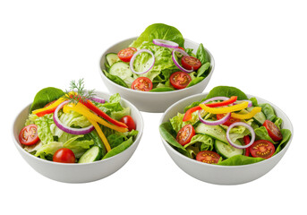Three vibrant fresh salads in matte white bowls, lettuce, tomatoes, cucumber, onion, bell peppers, dill, salt, olive oil, transparent studio background, 45-degree overhead shot. Healthy food concept