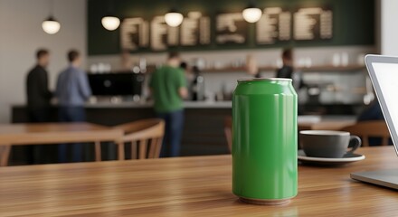 Green Soda Can on Wooden Table in Busy Cafe.