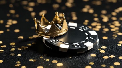 A glamorous casino event showcases a poker chip adorned with a golden crown. Gold confetti adds a festive touch as players enjoy their time at the tables
