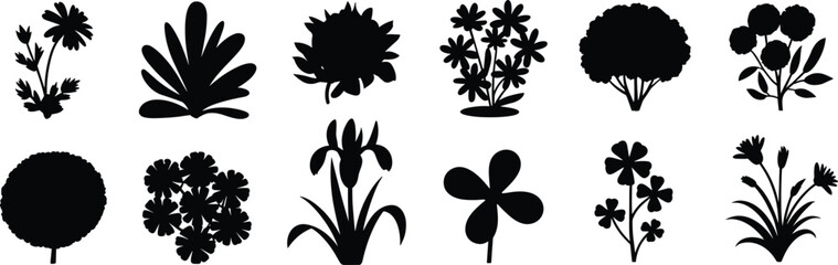 Plant and flower silhouettes, botanical icons, foliage outlines, floral shapes, garden design, organic forms, decorative nature, abstract plants, natural art, vector illustration