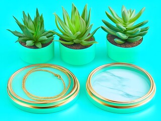 Stylish Succulents and Gold Necklace on Teal Background