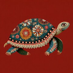 Colorful tribal turtle illustration with floral and geometric ornaments, decorative boho art design symbolizing culture, mythology, and nature in detailed traditional artwork.