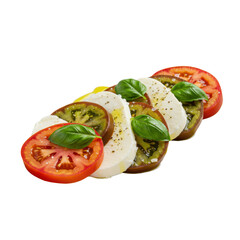 Meticulously arranged Caprese salad with vibrant heirloom tomatoes, creamy mozzarella, fresh basil, olive oil on white plate, transparent background, gourmet food concept