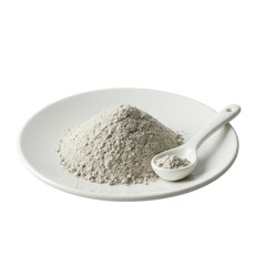 Light grey culinary powder on a white ceramic plate with a spoon, seamless grey background, shadowless lighting. Culinary precision and elegance concept