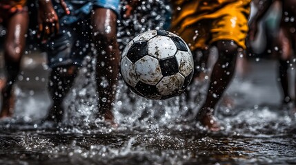 Muddy Soccer Ball in Action: Children Playing in Water