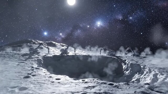 Vast lunar landscape showing a future mining operation in a crater with steam vents under a starry night sky