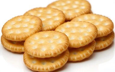 Closeup of Stacked Round Crackers, Crispy Baked Snacks, Golden Brown Biscuits