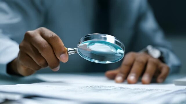 Medium shot of investigator comparing accounting records to identify discrepancies during corporate audit procedures.
