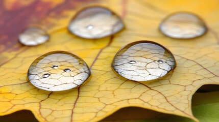 Macro Photography Water Drops on Autumn Leaf
