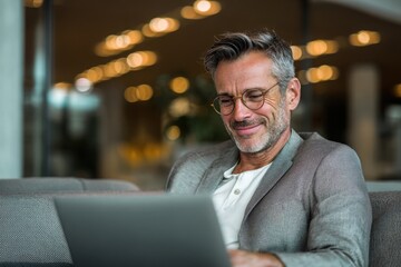 Smiling middle-aged man with glasses using laptop at home, relaxed and confident while working remotely in a cozy setting.