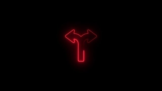 Vibrant red neon arrow splitting into two directions against a black backdrop, symbolizing choices, alternatives, and the journey of making decisions