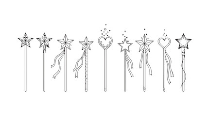 Collection of sparkling magic wands with ribbons and stars for fantasy and celebration vector
