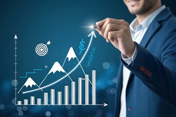 Businessman drawing a growing financial graph with a target and mountain peaks