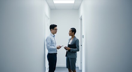 Colleagues talking in minimalist hallway