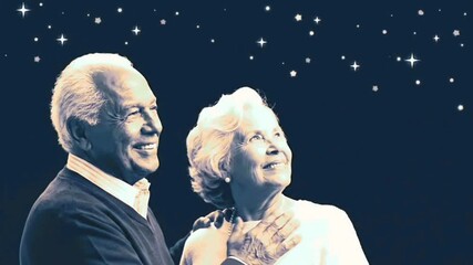A romantic and hopeful senior couple looks up at a beautiful starry night sky. This image symbolizes dreaming about the future, lasting love, and wonder. - Powered by Adobe