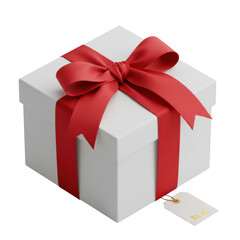 Perfectly wrapped square gift box with transparent matte paper and a vibrant red satin bow, gold-foil tag, isolated on shadowless transparent background, concept of luxury gifting