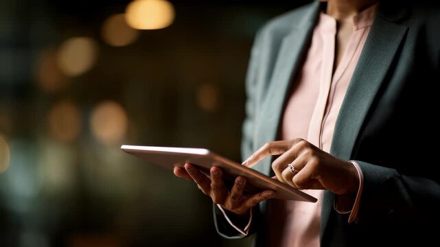 Focused medium shot of business professional reviewing tokenization process on a tablet illustrating advanced payroll systems leveraging tokenbased digital asset management.