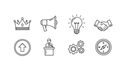 Business concept icons set featuring crown megaphone lightbulb handshake gear and compass vector