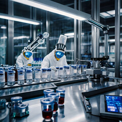 "Advanced pharmaceutical production line with robotic arms filling vials in a sterile laboratory environment, futuristic medical manufacturing concept.