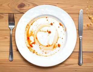 Dirty plate with food residue fork knife wooden table