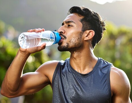 A sweaty man drinks water from a clear plastic bottle outdoors