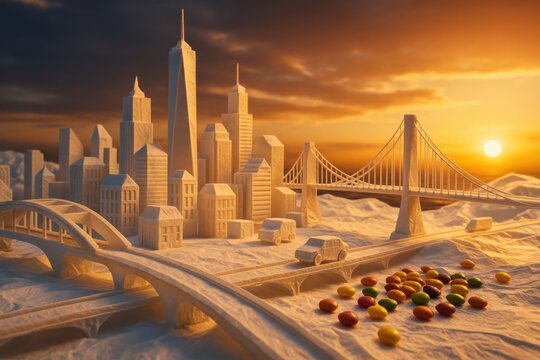 Miniature Cityscape of Buildings and Bridges Made of Sugar with Candy Accents and Sunset Sky
