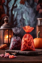 Halloween candy treat bags with lantern and pumpkin on rustic wooden table. Handmade trick-or-treat candy bags, trick-or-treat setup, Halloween festive snack