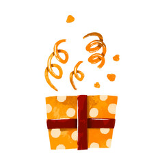 Holiday gift box, firework with fire. Hand drawn watercolor on isolated background. Holiday celebrating. Happy Birthday party. Winner surprise. Burst