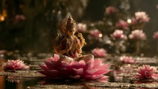 A beautiful statue of Goddess Lakshmi stands gracefully on a lotus flower, surrounded by floating diyas at Diwali.