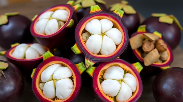 Whole and halved mangosteens with thick purple rind and white juicy flesh, tropical fruit concept. Stock Photo