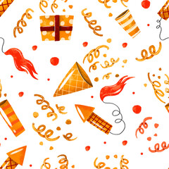 SEamless pattern with holiday salute, firework, serpantine. Hand drawn watercolor background. Holiday celebrating