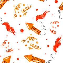 SEamless pattern with holiday salute, firework, serpantine. Hand drawn watercolor background. Holiday celebrating. Happy Birthday party