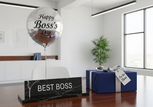 Happy Boss’s Day Office Gift Setup with Silver Balloon, Blue Present, and Best Boss Plaque Celebration for Boss’s Day (National Boss Day).