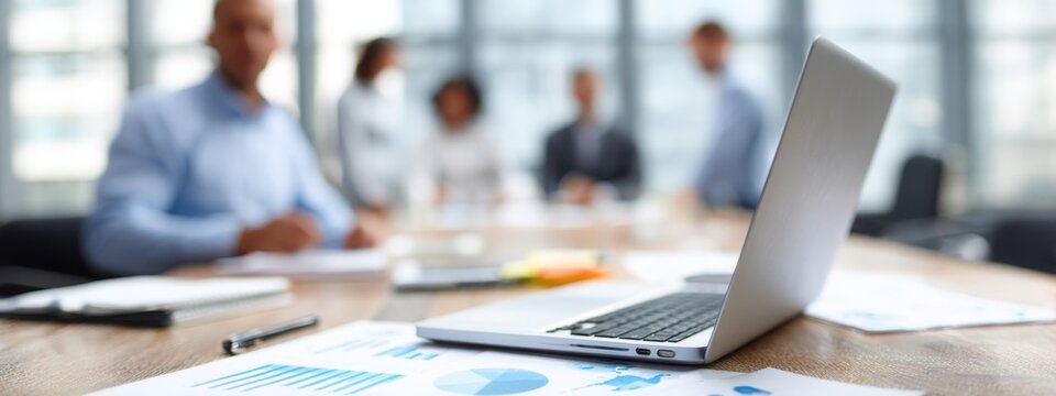 Close-up of businessman at desk with charts and laptop, blurred colleagues in background, representing corporate teamwork and data analysis. - Powered by Adobe