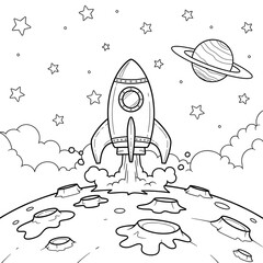 Rocket ship launch coloring page. Detailed space illustration. Spaceship blasting off from a moon's cratered surface with stars and a planet. Fun coloring sheet for children.