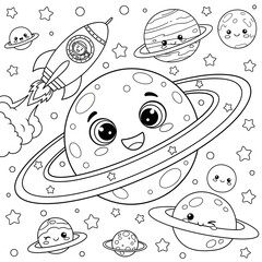 Cute planets coloring page. Adorable kawaii-style cartoon space illustration. Happy planets with faces and stars with a rocket ship. Fun coloring sheet for children.