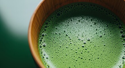 A Foamy Green Tea Beverage in a Wooden Bowl