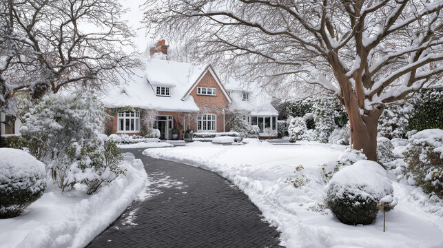 Snow-covered suburban home with a cleared brick driveway leading to a cozy cottage surrounded by frosted trees and shrubs, capturing a serene winter morning atmosphere.