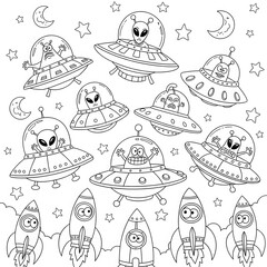 Aliens and rockets coloring page. Detailed sci-fi illustration. Multiple UFOs and rockets with googly eyes flying in a space scene with stars. Fun coloring sheet for children.
