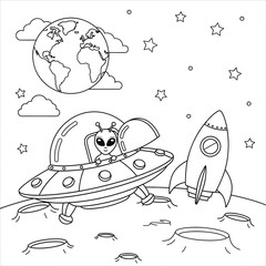 UFO landing on moon coloring page. Fun cartoon space illustration. Friendly alien in a flying saucer with a rocket and the Earth. Perfect printable activity sheet for kids.